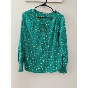Pleione Green Floral Tie-Neck Blouse